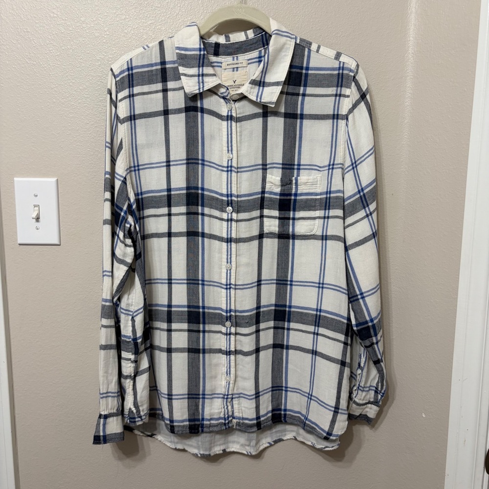 American Eagle Boyfriend Fit Plaid Button Down Shirt XL White Blue Cotton Blend
